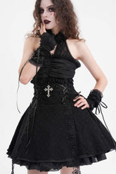 Robe gothique noire à volants en dentelle avec découpes et col licou pour femme